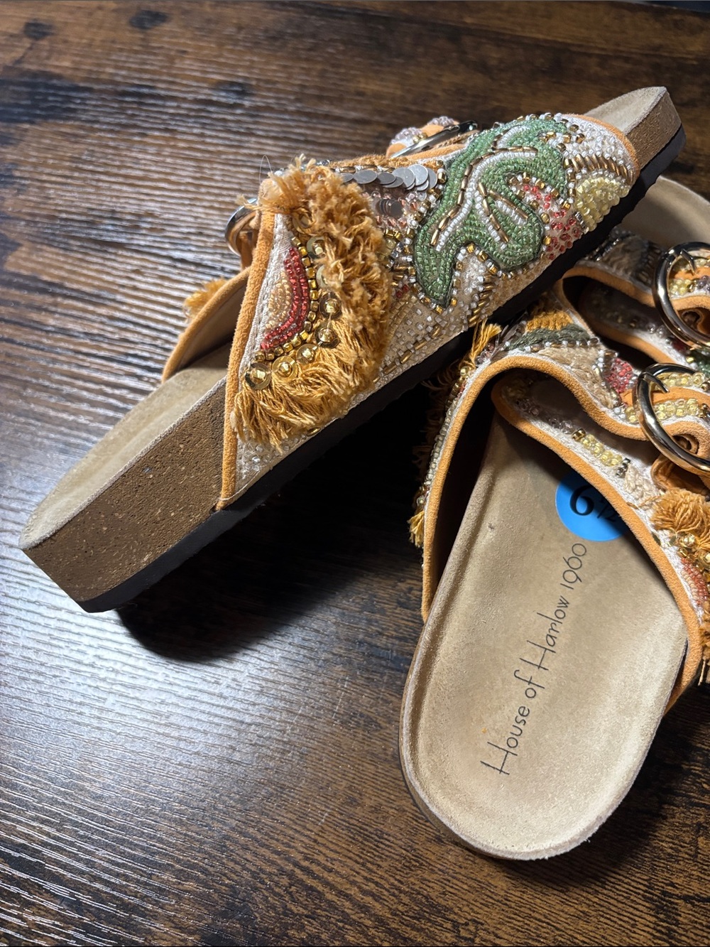 House of Harlow 1960 Embroidered Slide Sandals in Mustard & Green - Picture 4 of 9